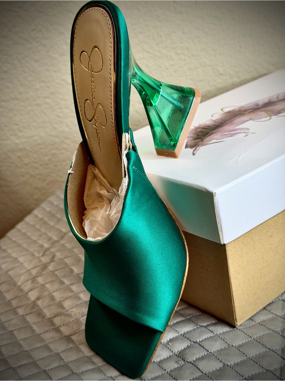 Jessica Simpson Emerald Green Satin Mules with Green Transparent Block Heel
